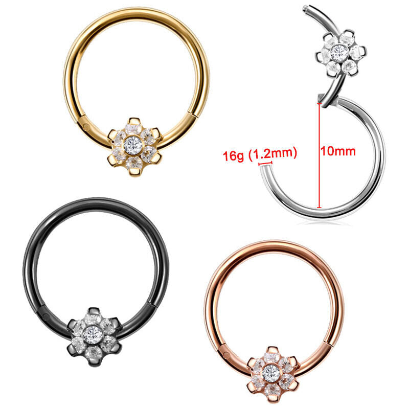 Steel Flower Zircon Nose Ring Hinged Segment Clicker Hoop Ear Tragus Piercing