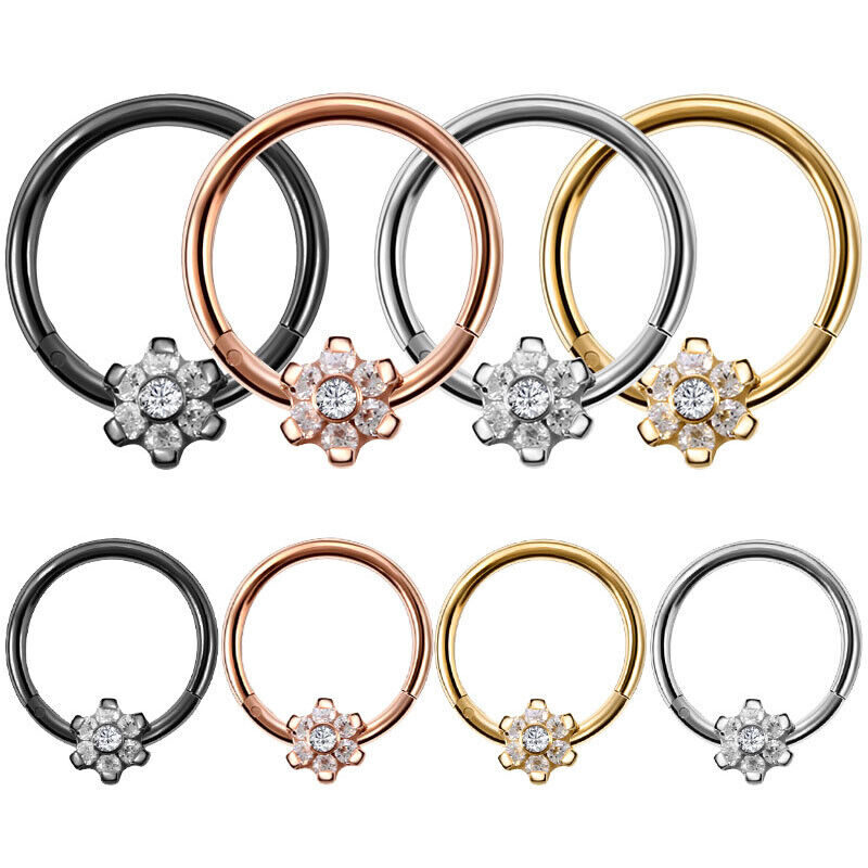 Steel Flower Zircon Nose Ring Hinged Segment Clicker Hoop Ear Tragus Piercing