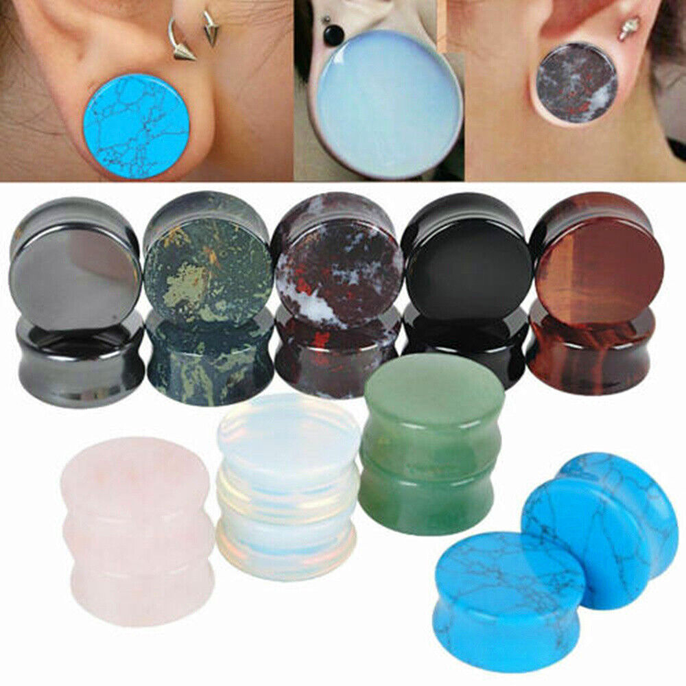 Pair Semi Precious Stone Ear Plug Organic Flesh Tunnel Expander Stretcher Taper