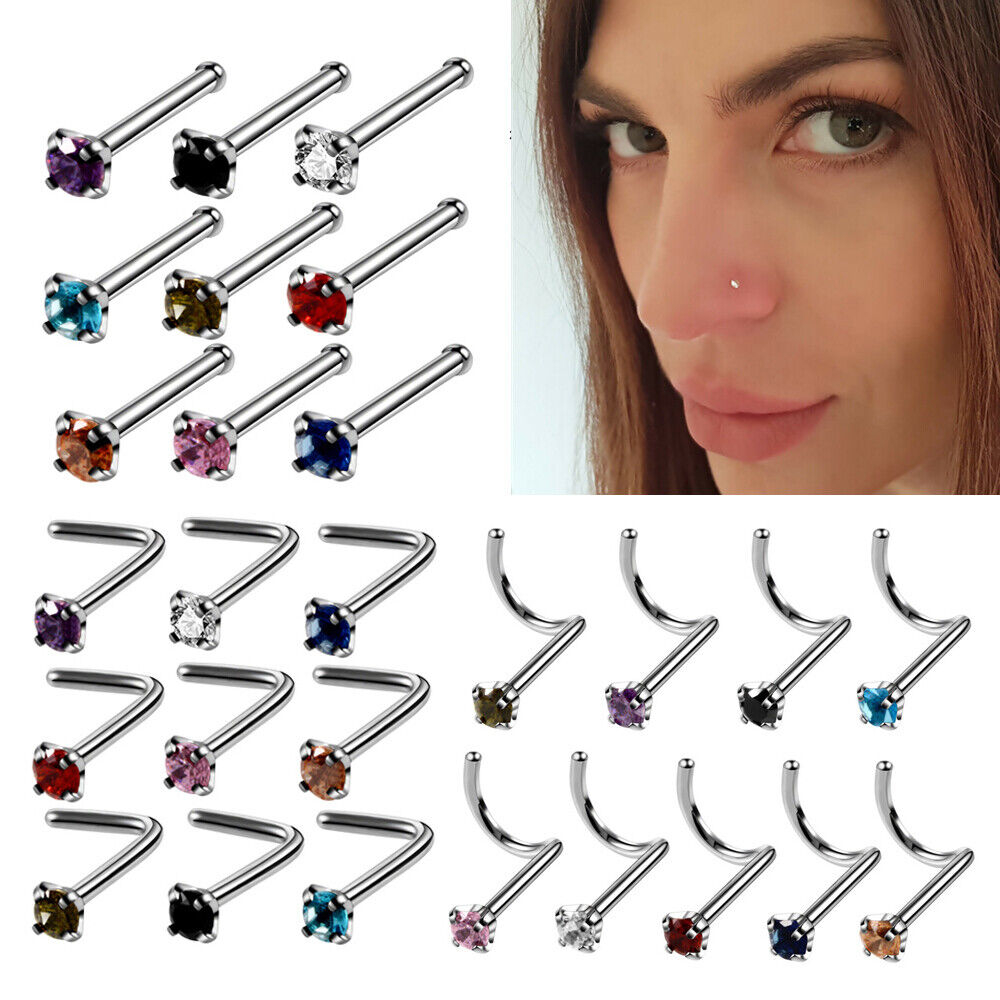 Zircon Steel Nose Ring Stud Multi Shape Crystal Screw Bone Piercing Jewellery