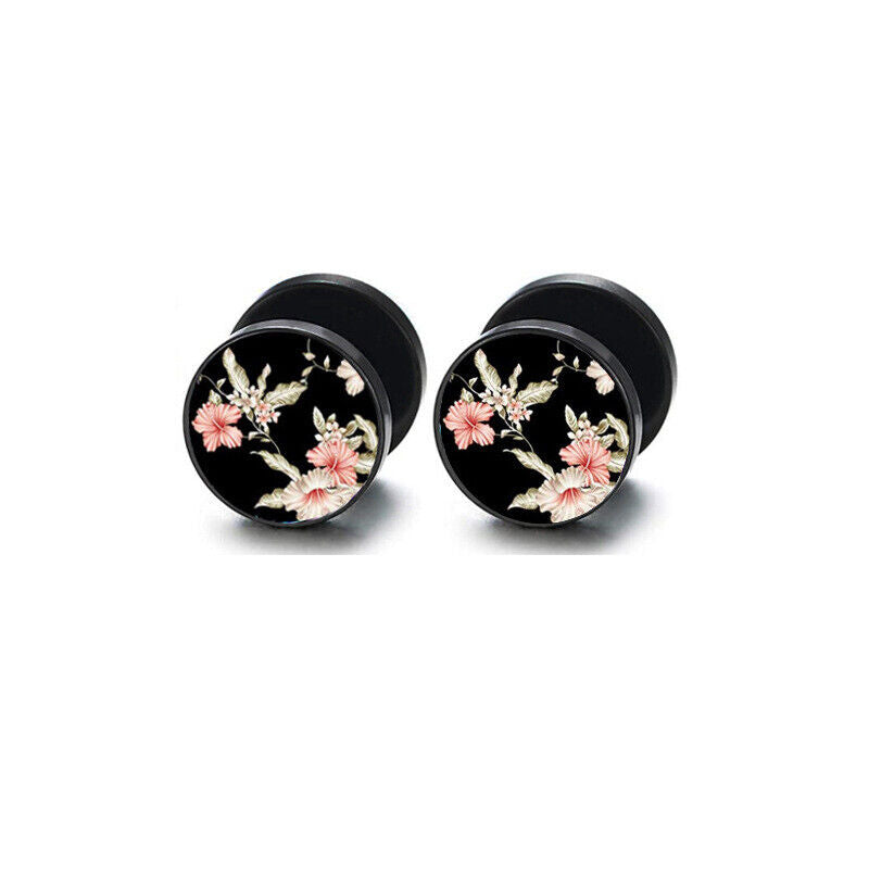 2pc Steel Multi Pattern Black Fake Ear Plug Flesh Tunnel Stud Earring Piercing