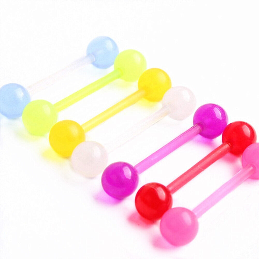 7pc GLOW IN DARK Tongue Bar Flexible Acrylic Barbell Stud Ring NIpple Piercing