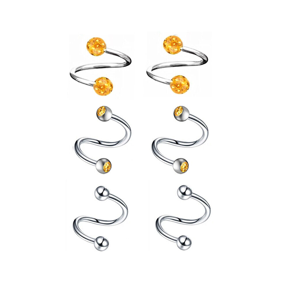 6pc Crystal Twist Ear Cartilage Helix Stud Earring Spiral Piercing Jewellery Set