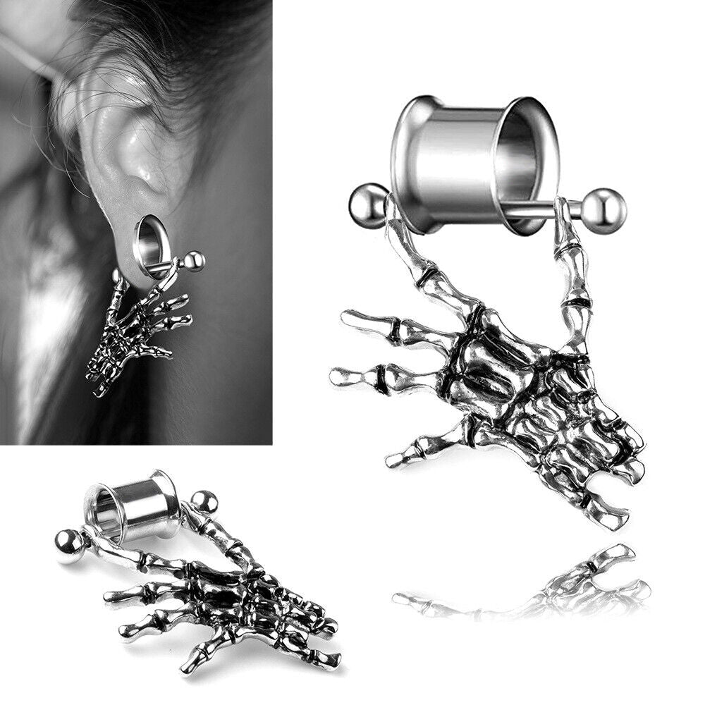 1 Pair Skeleton Hand Dangle Flesh Tunnel Double Flared Saddle Ear Plug Trumpet