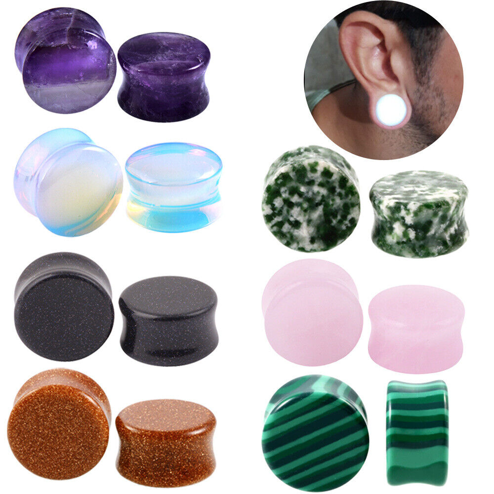 Pair Semi Precious Stone Ear Plug Organic Flesh Tunnel Expander Stretcher Taper