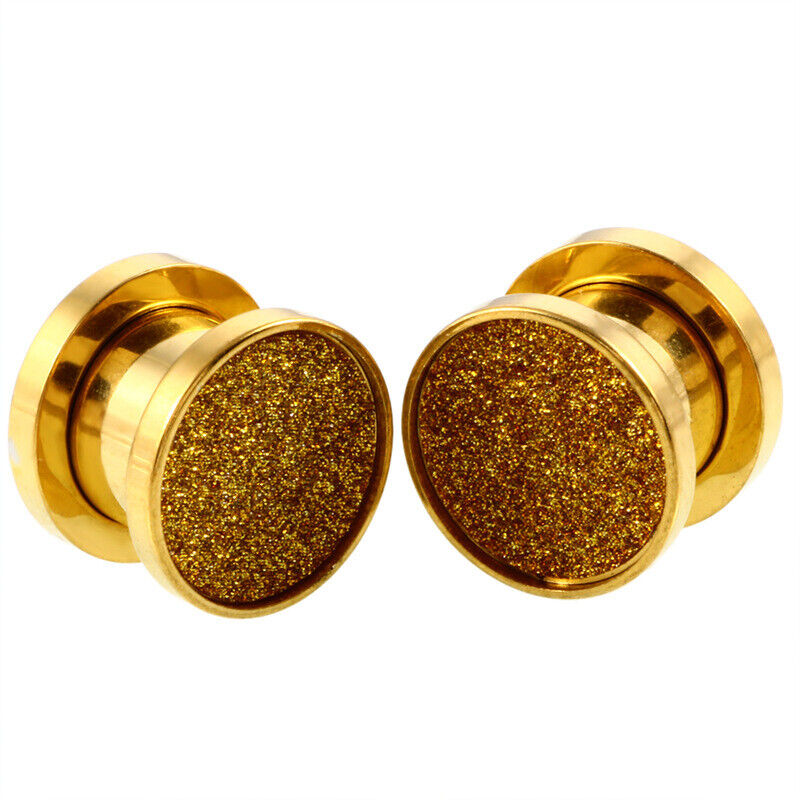 2pc Steel Silver Gold Glitter Screw Fit Flesh Tunnel Ear Plug Gauge Stretcher