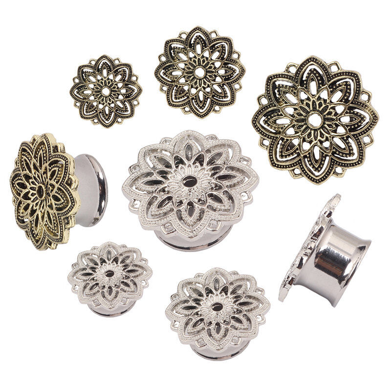 Silver Bronze Flower Steel Flesh Tunnel Ear Plug Stetcher Single Saddle Trumpet