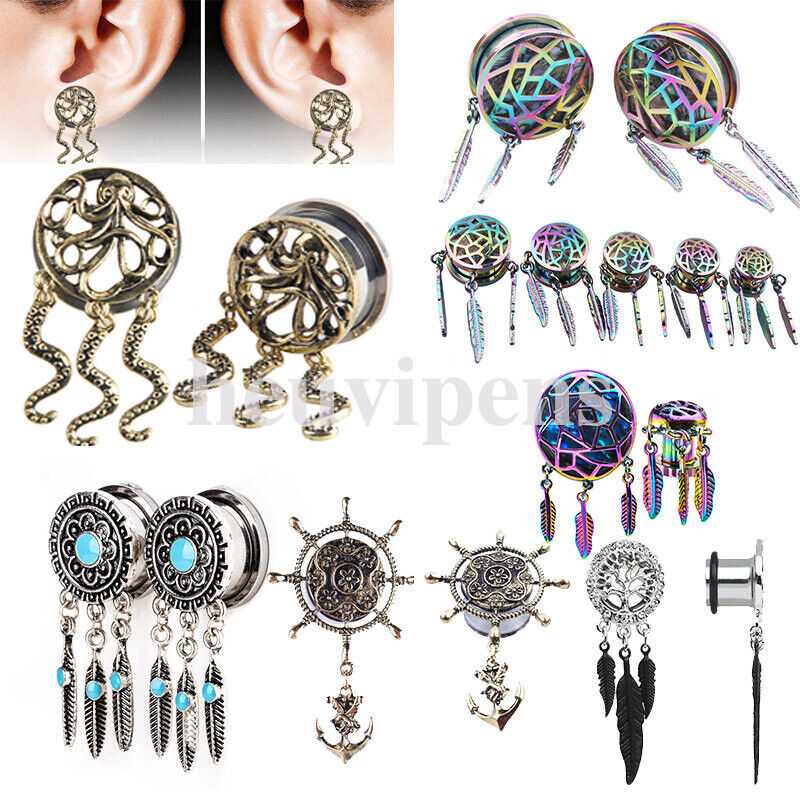 2pc Dreamcatcher Hollow Steel Dangle Screw Saddle Flesh Tunnel Ear Plug Feather