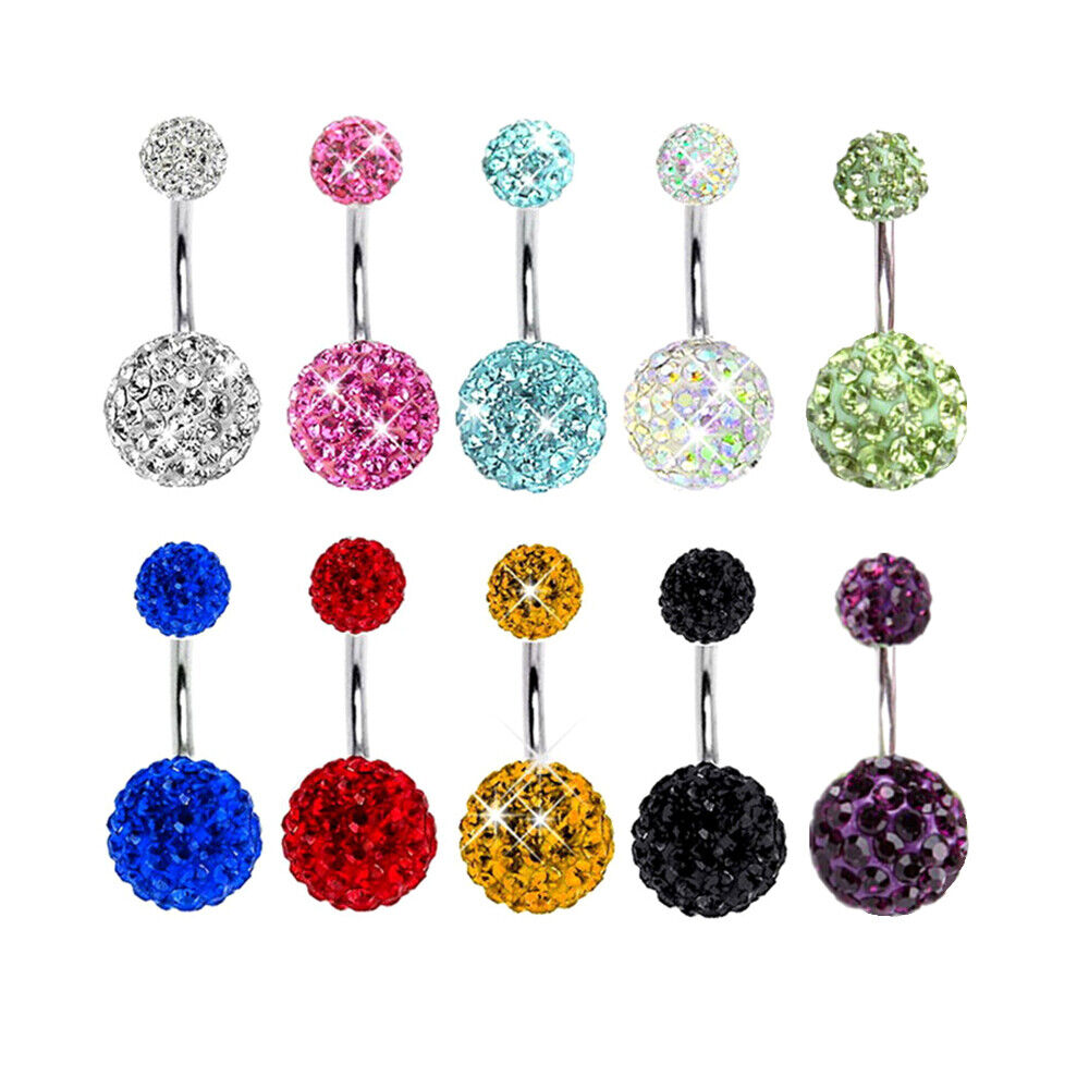 Varies Bar Navel Belly Button Ring Barbell Coated CZ Crystal Ball Body Piercing