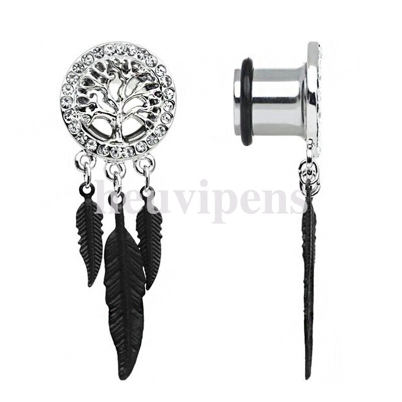 2pc Dreamcatcher Hollow Steel Dangle Screw Saddle Flesh Tunnel Ear Plug Feather