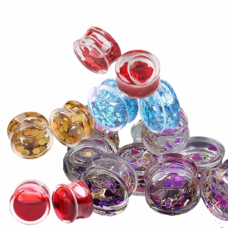 Pair Glitter Liquid Acrylic Ear Flesh Tunnel Plug Stretcher Double Flared Taper