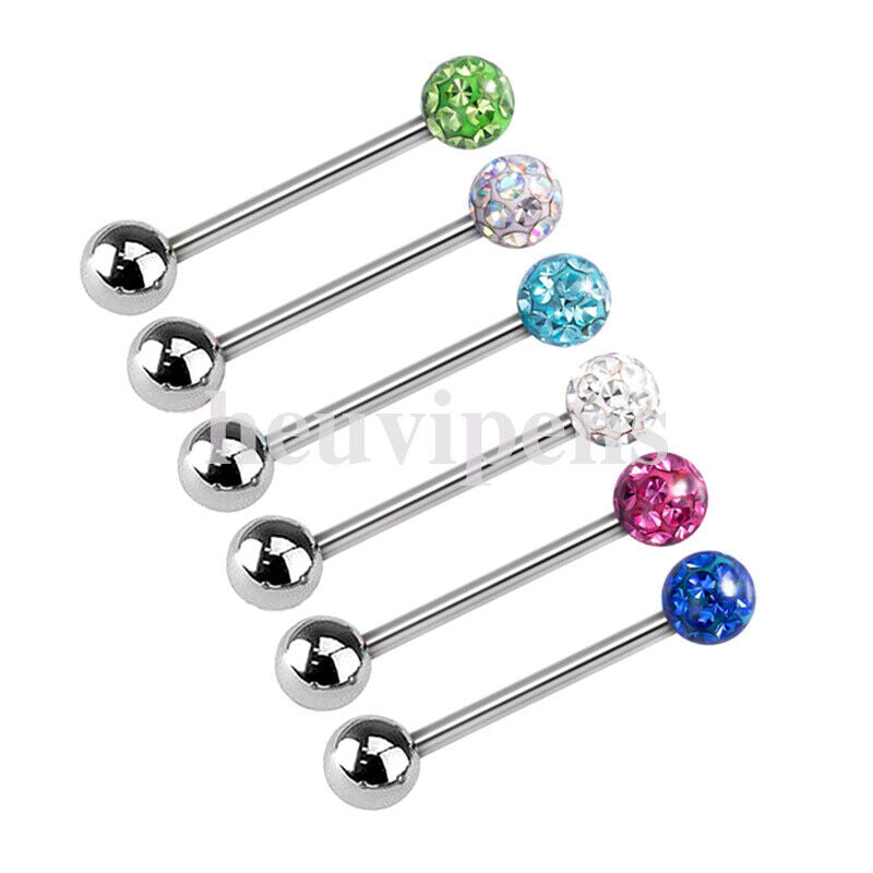 6pc Set Steel CZ Crystal Ball Barbell Bar Tongue Ring Studs Nipple Body Piercing