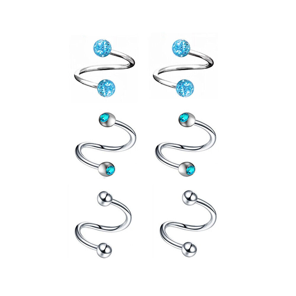 6pc Crystal Twist Ear Cartilage Helix Stud Earring Spiral Piercing Jewellery Set