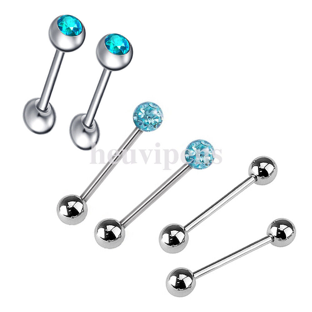 6pc Set Steel CZ Crystal Ball Barbell Bar Tongue Ring Studs Nipple Body Piercing