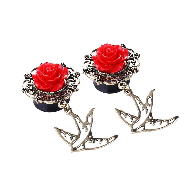 1 Pair Acrylic Flared Saddle Flesh Tunnel Rose Flower Alloy Bird Dangle Ear Plug