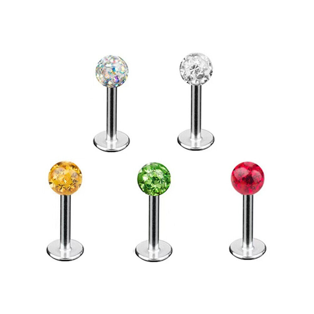 5X 16G MULTI CZ CRYSTAL Ball Monroe Lip Stud LABRET Bar Tragus Steel Piercing