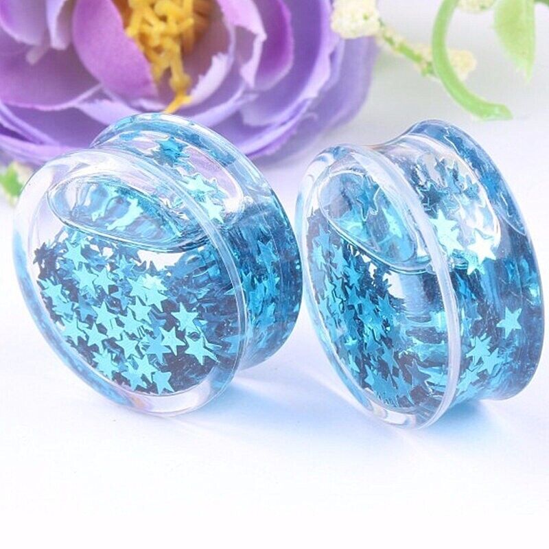 Pair Glitter Liquid Acrylic Ear Flesh Tunnel Plug Stretcher Double Flared Taper