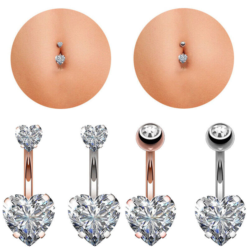 Zircon Heart Belly Bar Surgical Steel Double Gem Navel Button Ring Body Piercing