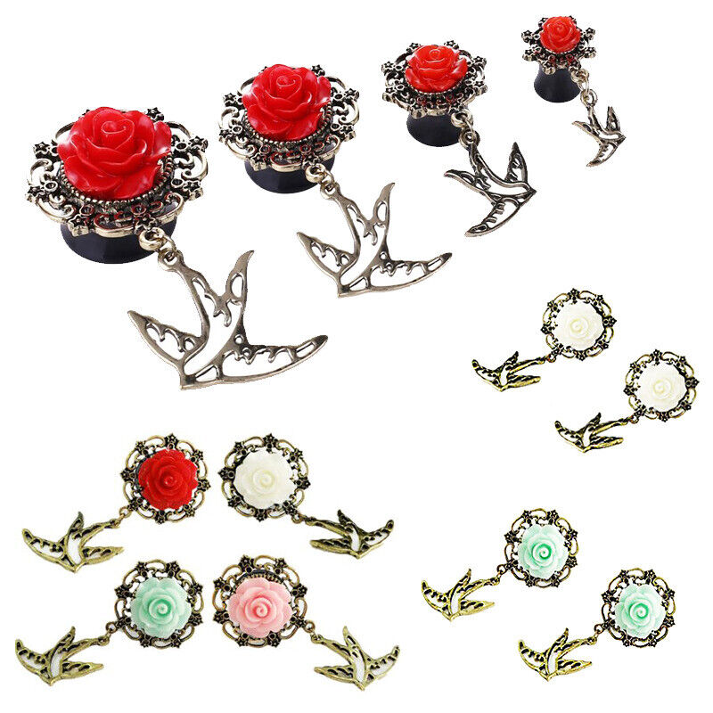 1 Pair Acrylic Flared Saddle Flesh Tunnel Rose Flower Alloy Bird Dangle Ear Plug