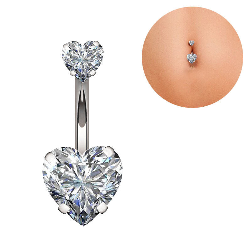 Zircon Heart Belly Bar Surgical Steel Double Gem Navel Button Ring Body Piercing