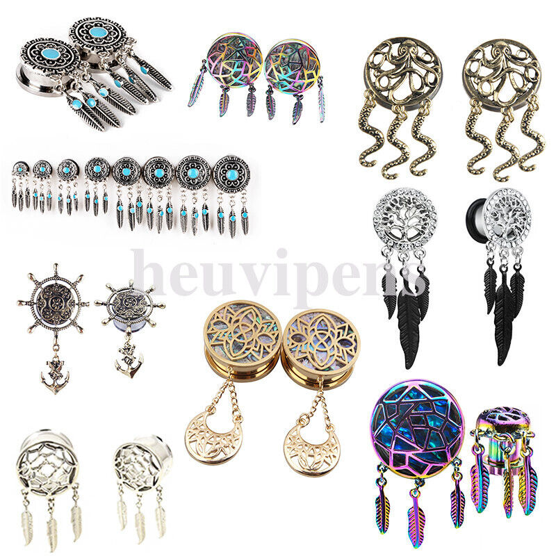 2pc Dreamcatcher Hollow Steel Dangle Screw Saddle Flesh Tunnel Ear Plug Feather