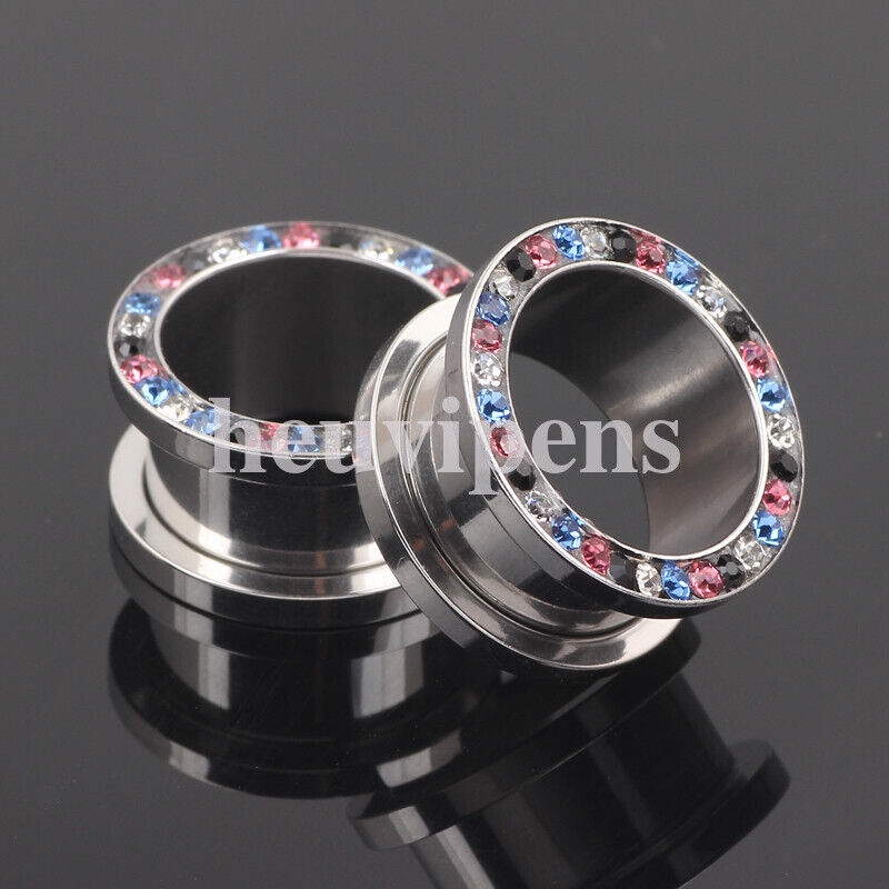 2pc Surgical Steel Colourful Crystal Ear Plug Flesh Stretcher Tunnel Expander