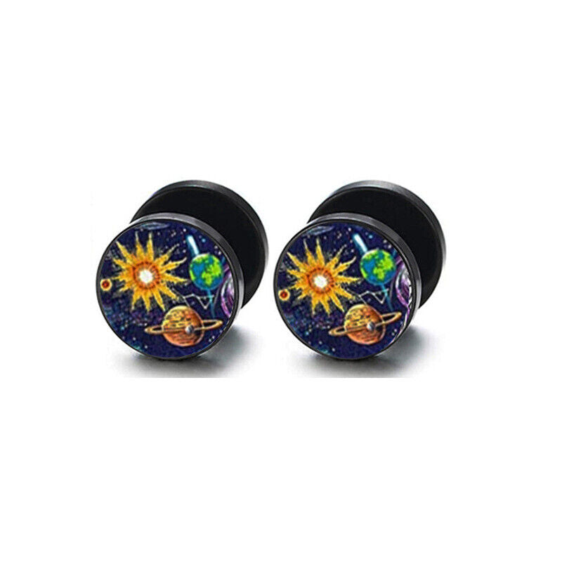 2pc Steel Multi Pattern Black Fake Ear Plug Flesh Tunnel Stud Earring Piercing