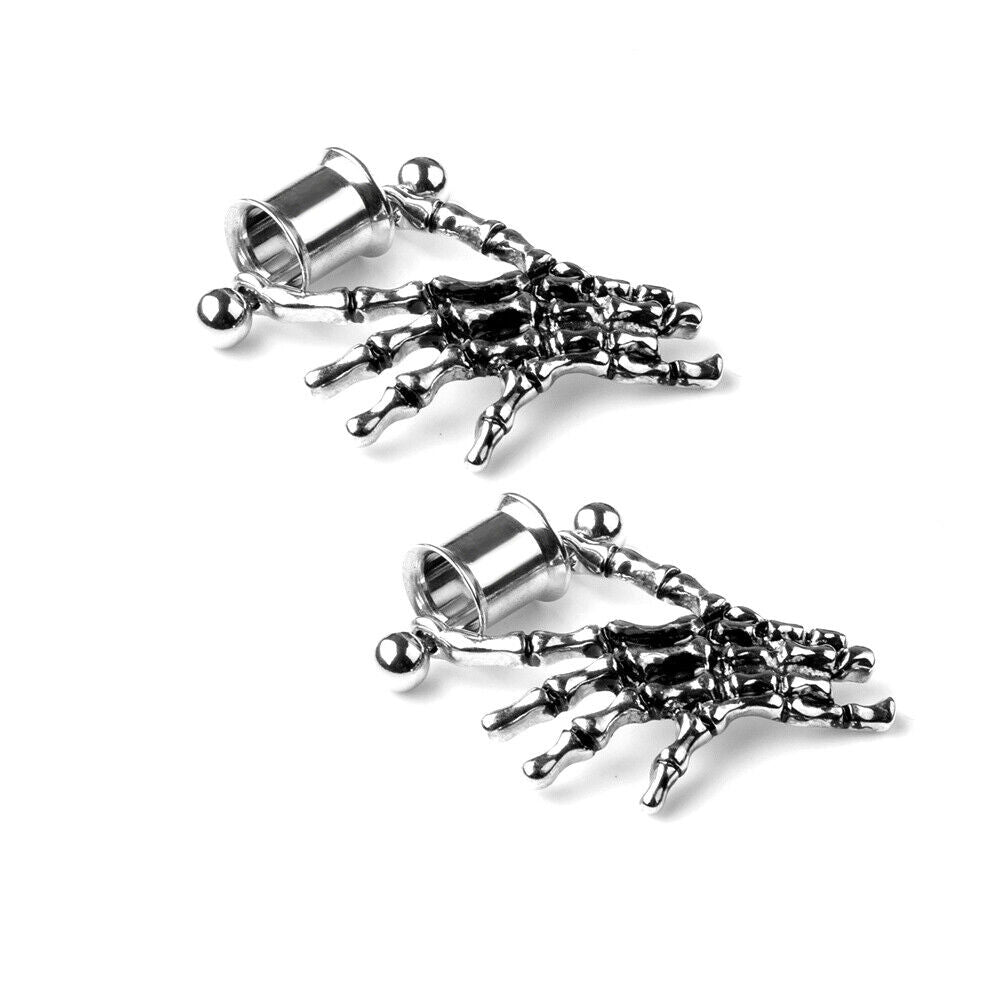 Pair Punk Skeleton Hand Crystal Tassel Dangle Flesh Tunnel Double Flare Ear Plug