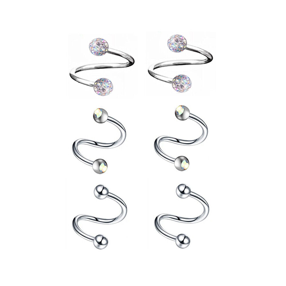 6pc Crystal Twist Ear Cartilage Helix Stud Earring Spiral Piercing Jewellery Set