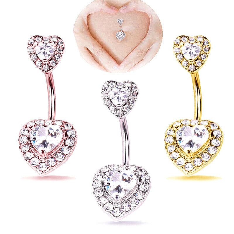 Zircon Heart Belly Bar Surgical Steel Double Gem Navel Button Ring Body Piercing