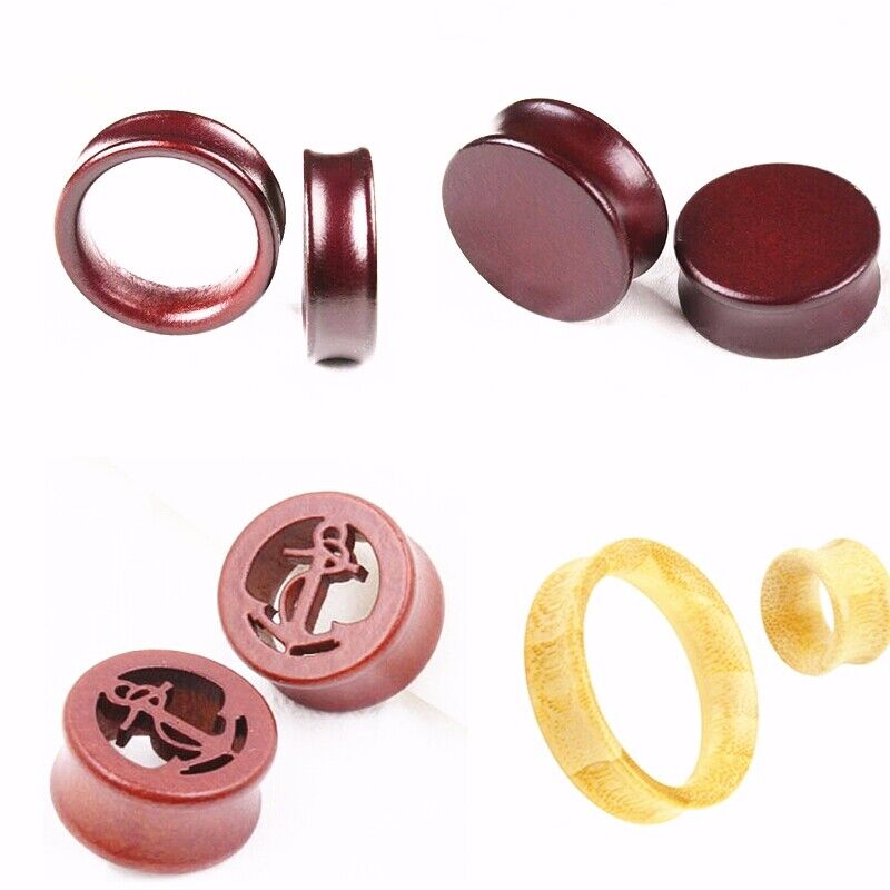 Pair Natural Wood Bamboo Flesh Tunnel Ear Plug Stretcher Double Flared Expander