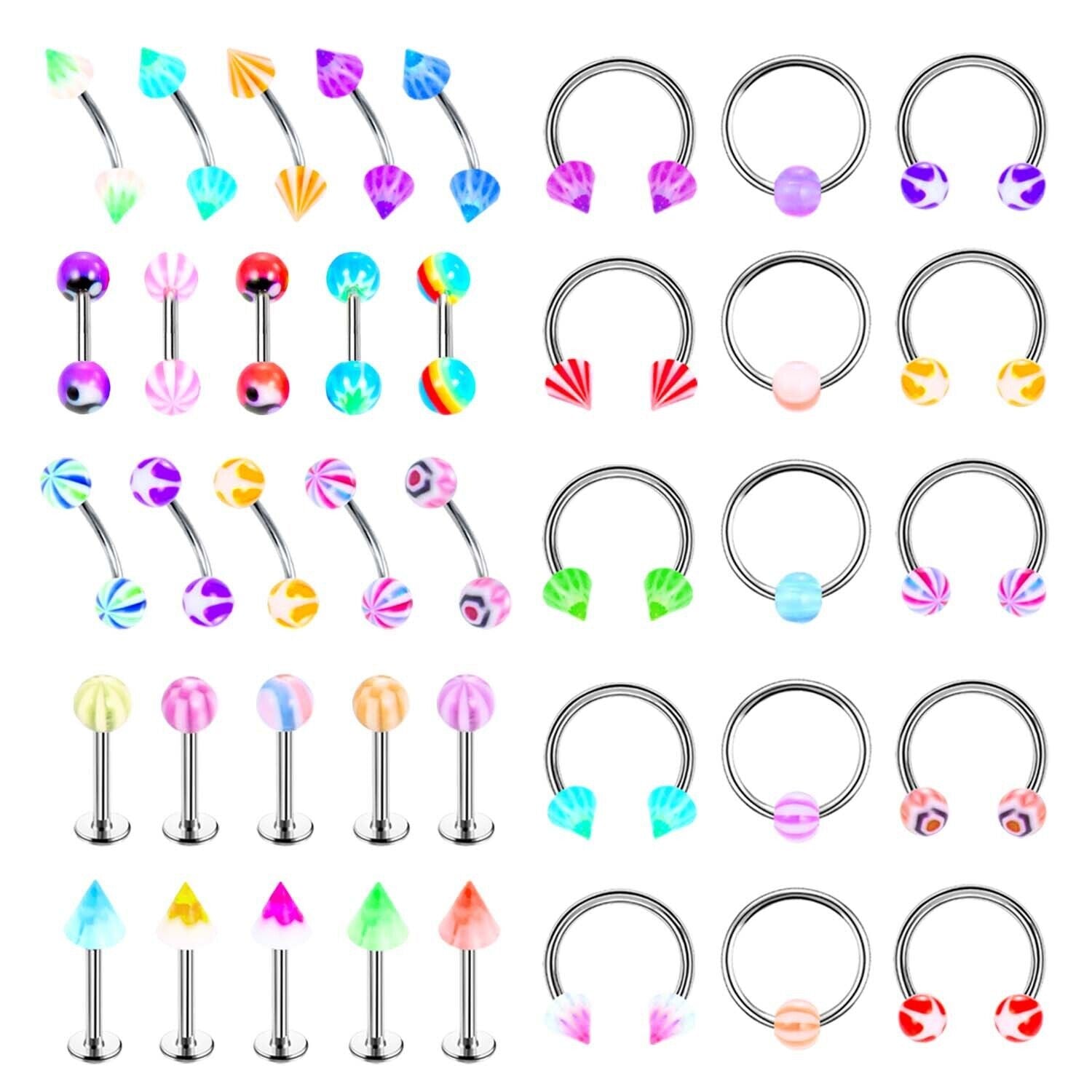 50X Acrylic Varies Kind Piercing Ear Labret Nose Tongue Navel Body Jewellery Set