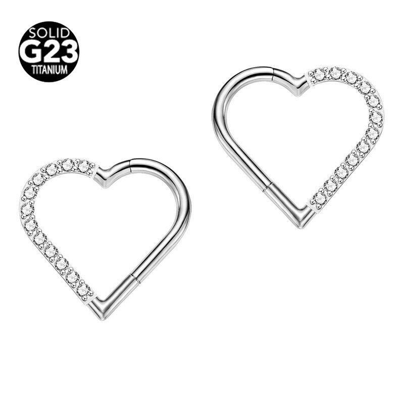 G23 Titanium Steel Love Heart Nose Ring Zircon Hinge Septum Hoop Ear Piercing