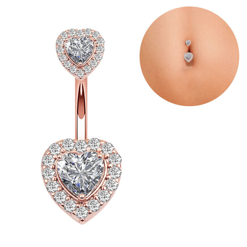 Zircon Heart Belly Bar Surgical Steel Double Gem Navel Button Ring Body Piercing