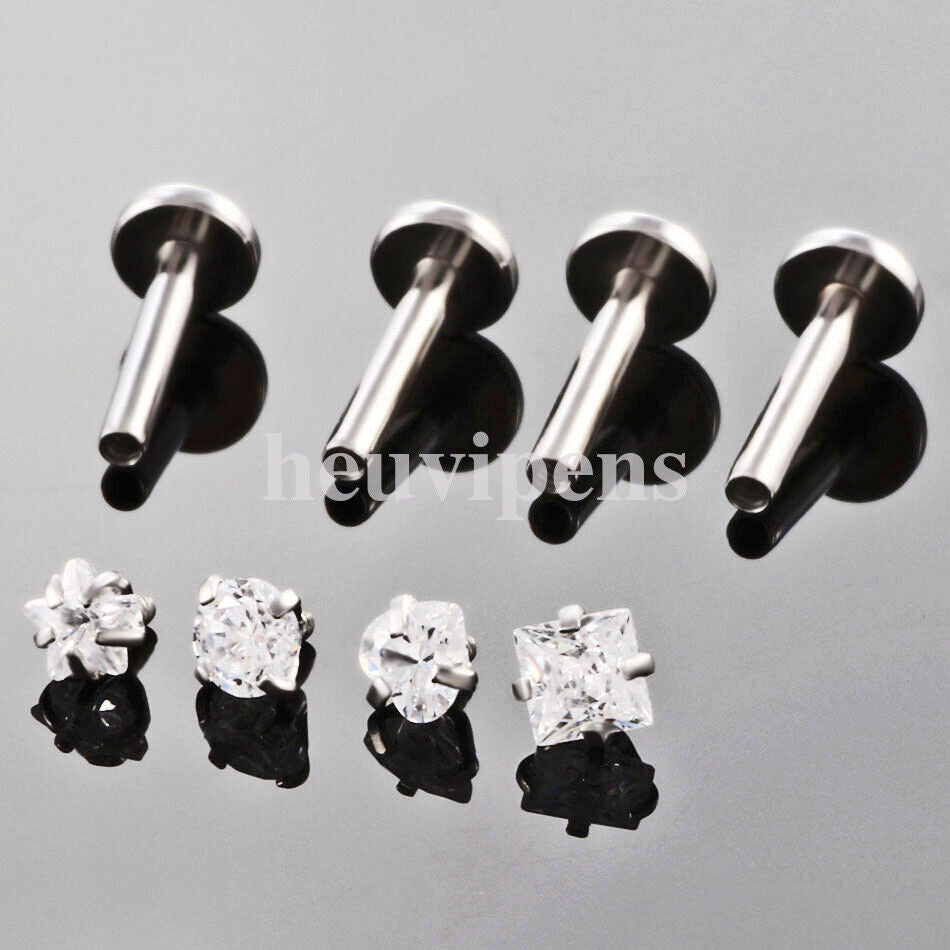 2X Zircon Surgical Steel Internal Thread Labret Lip Stud Nose Helix Ear Piercing