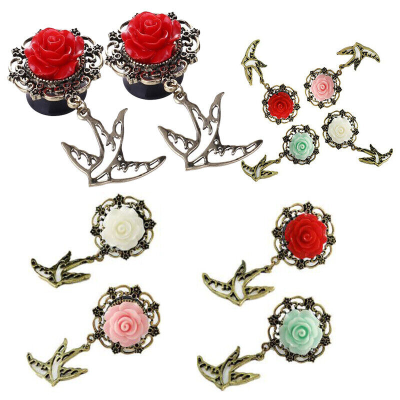 1 Pair Acrylic Flared Saddle Flesh Tunnel Rose Flower Alloy Bird Dangle Ear Plug