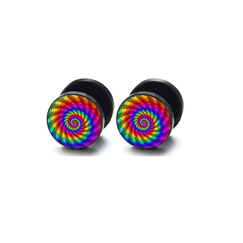 2pc Steel Multi Pattern Black Fake Ear Plug Flesh Tunnel Stud Earring Piercing