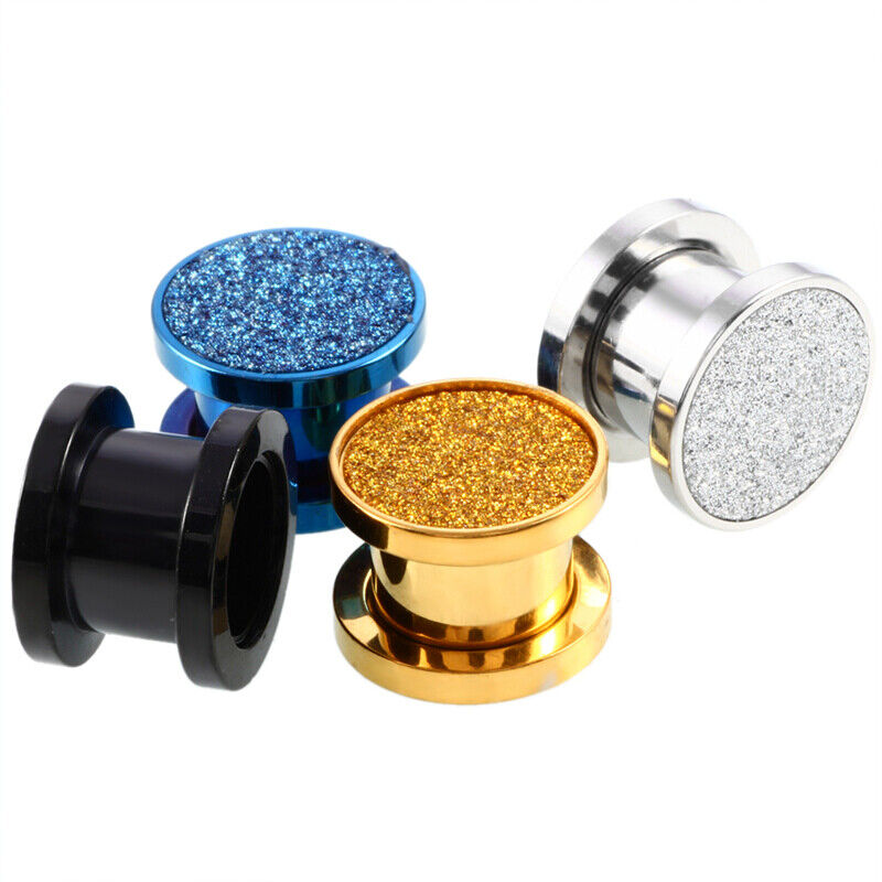 2pc Steel Silver Gold Glitter Screw Fit Flesh Tunnel Ear Plug Gauge Stretcher