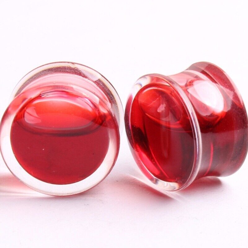 2PC Blood Red Liquid Filled Ear Plugs Flesh Tunnels Gauges Double Flared Saddle