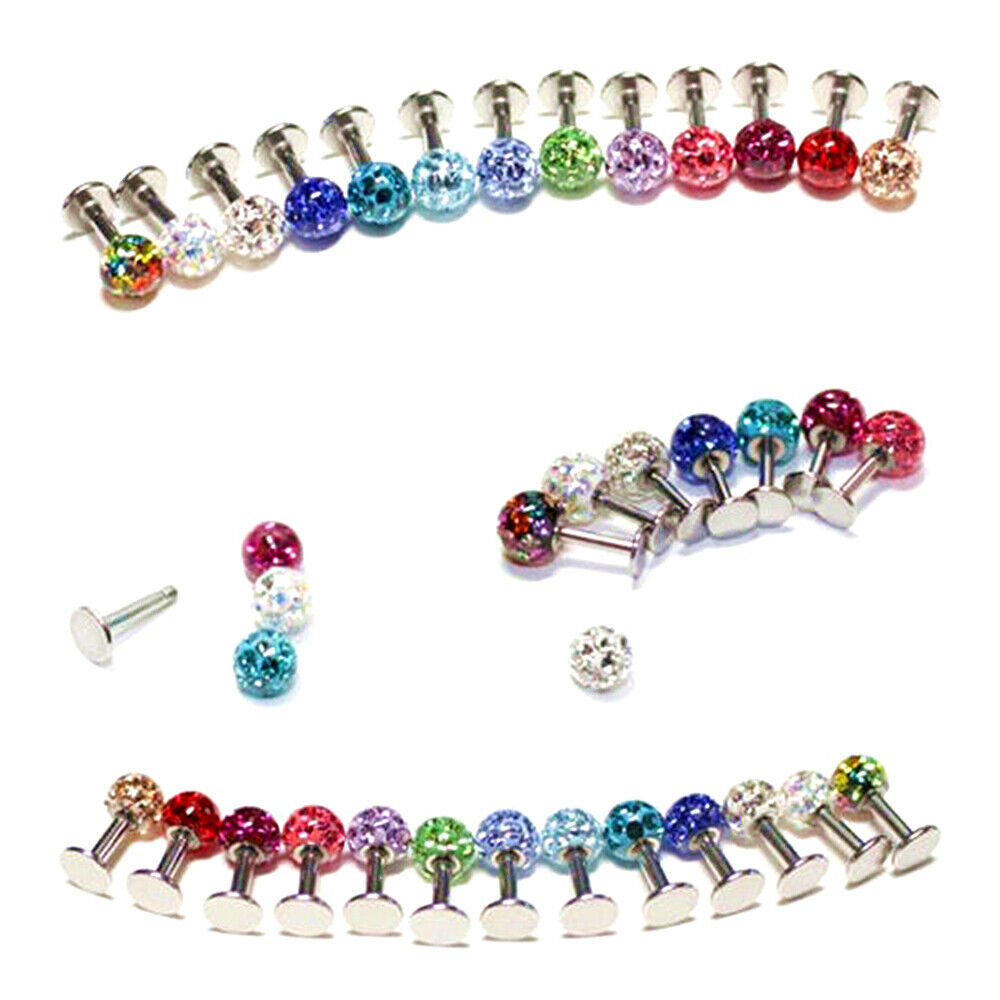 2pc 6/8/10mm Bar Coated Crystal Ball Lip Monroe Labret Tragus Ring Body Piercing