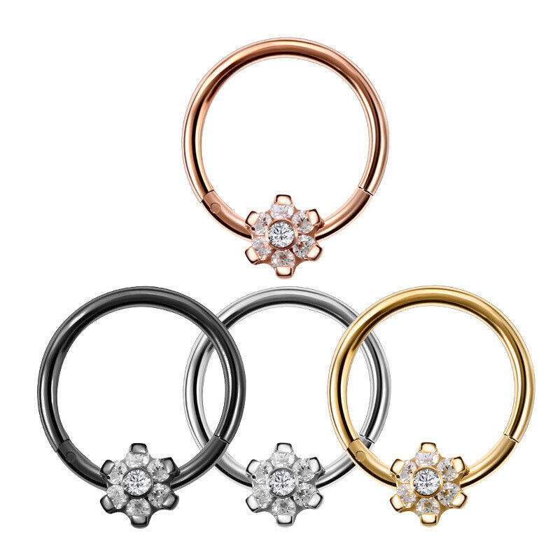 Steel Flower Zircon Nose Ring Hinged Segment Clicker Hoop Ear Tragus Piercing