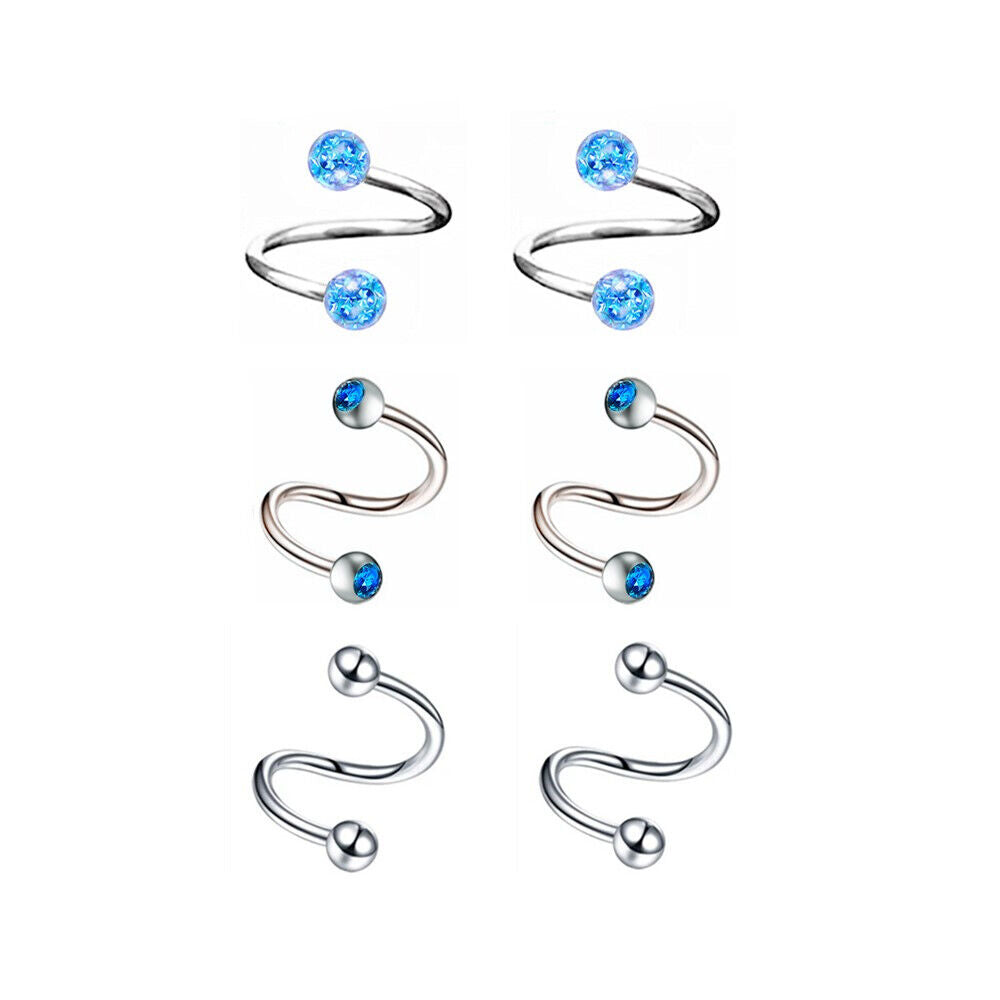 6pc Crystal Twist Ear Cartilage Helix Stud Earring Spiral Piercing Jewellery Set