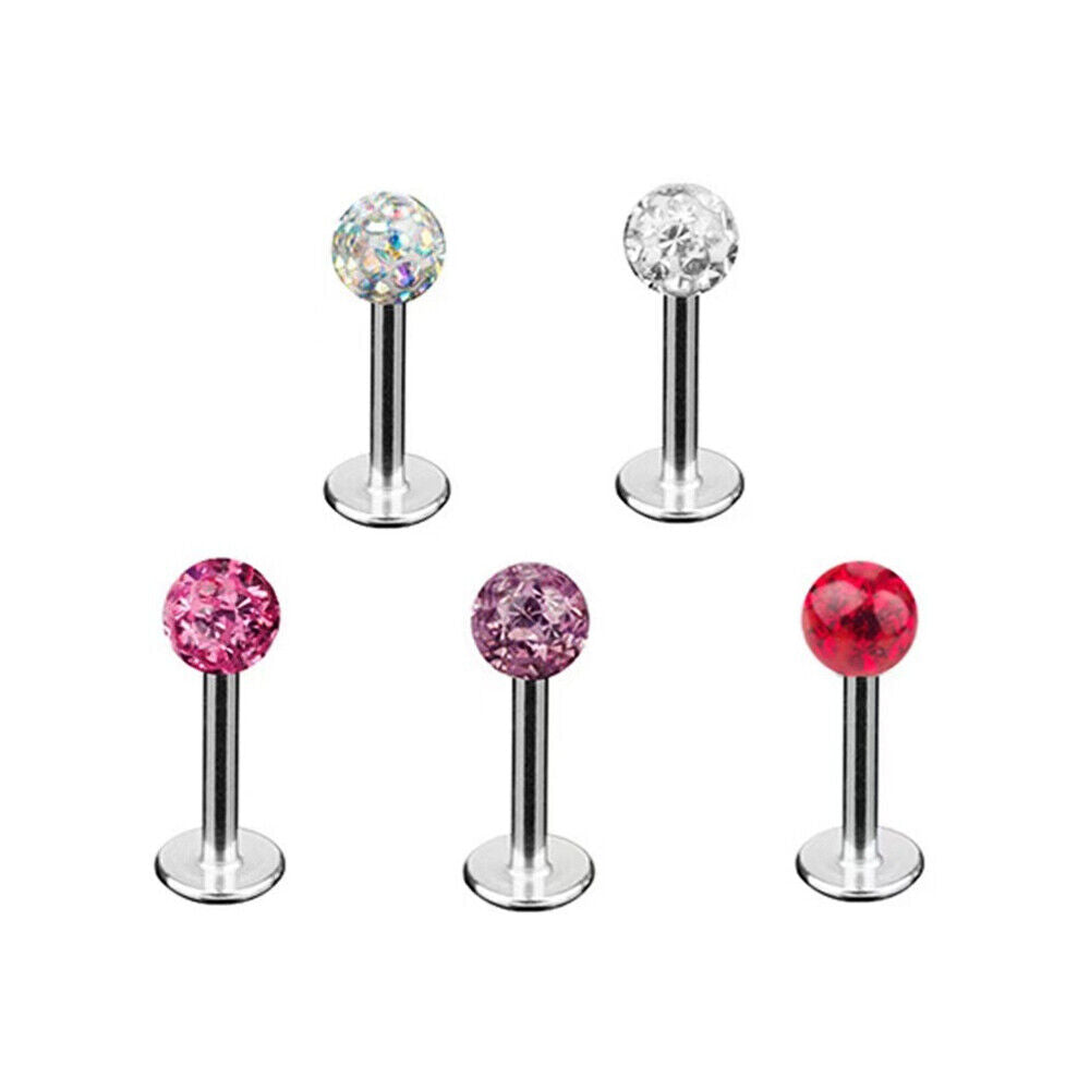 5X 16G MULTI CZ CRYSTAL Ball Monroe Lip Stud LABRET Bar Tragus Steel Piercing