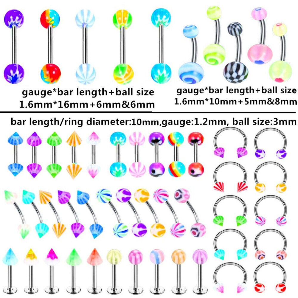 50X Acrylic Varies Kind Piercing Ear Labret Nose Tongue Navel Body Jewellery Set