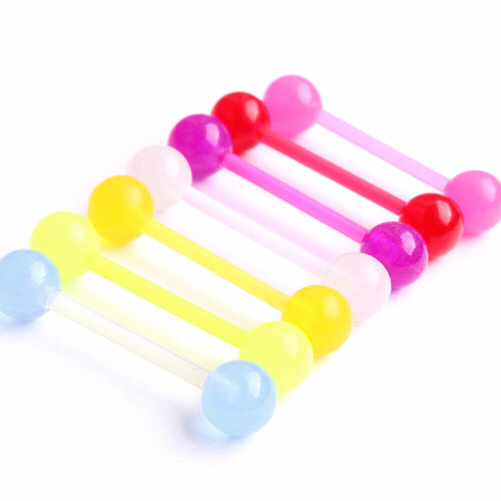 7pc GLOW IN DARK Tongue Bar Flexible Acrylic Barbell Stud Ring NIpple Piercing