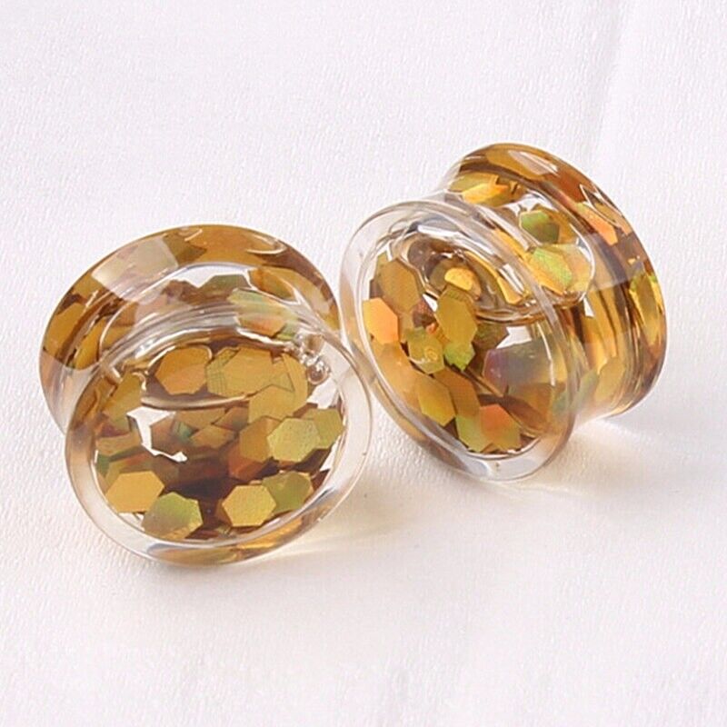 Pair Glitter Liquid Acrylic Ear Flesh Tunnel Plug Stretcher Double Flared Taper