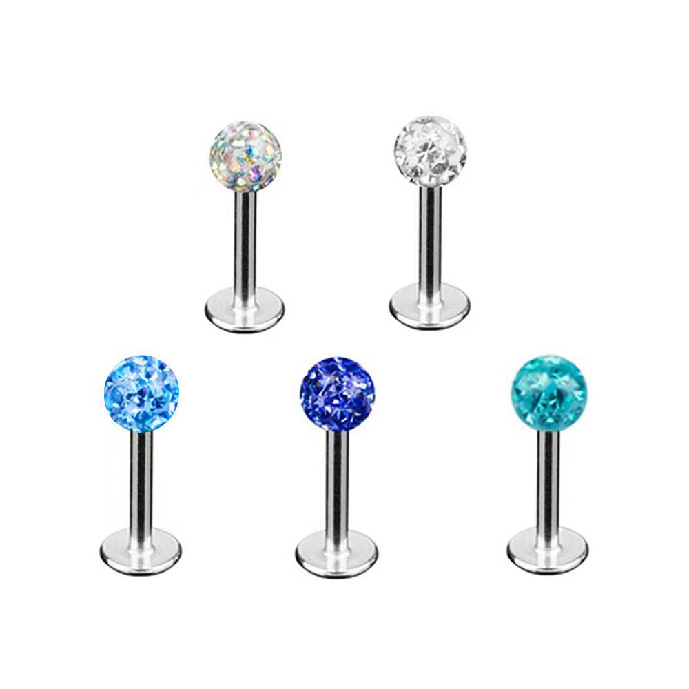 5X 16G MULTI CZ CRYSTAL Ball Monroe Lip Stud LABRET Bar Tragus Steel Piercing