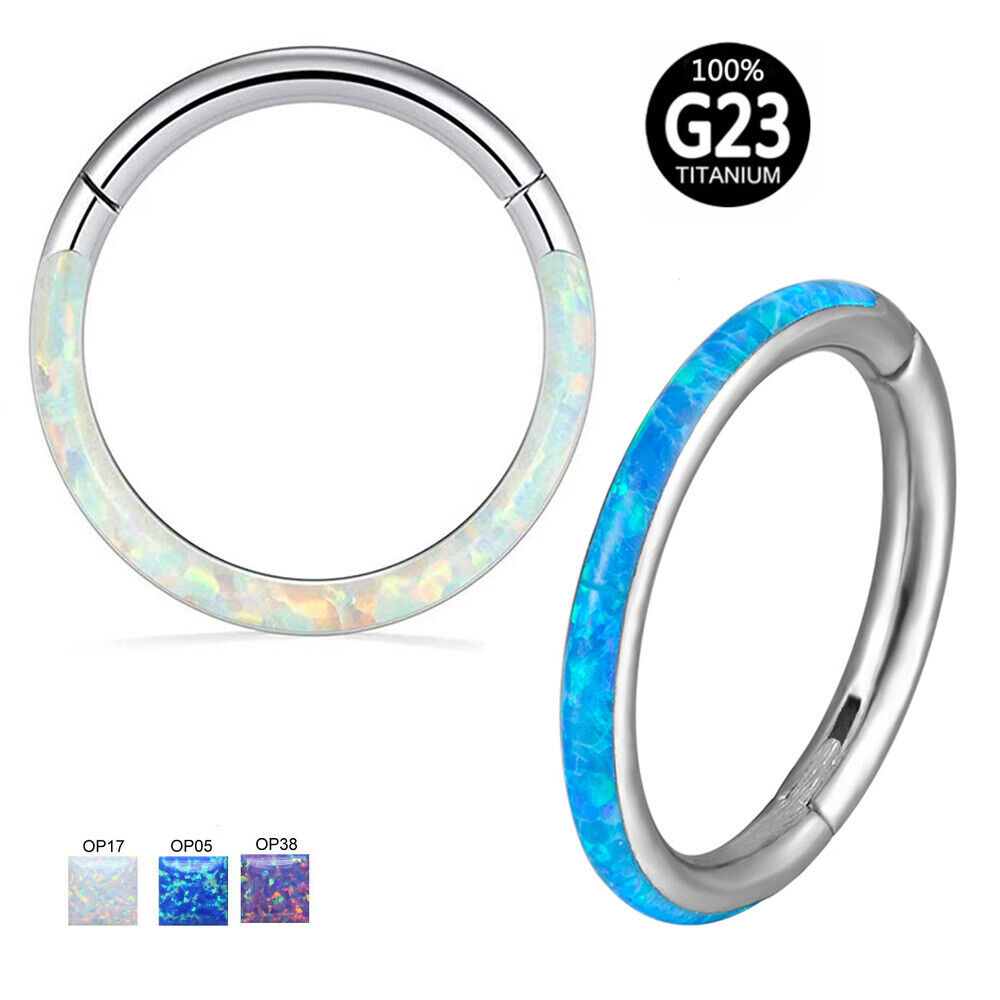 G23 Titanium Nose Ring Front & Side Opal Hoop Hinge Septum Ear Body Piercing New