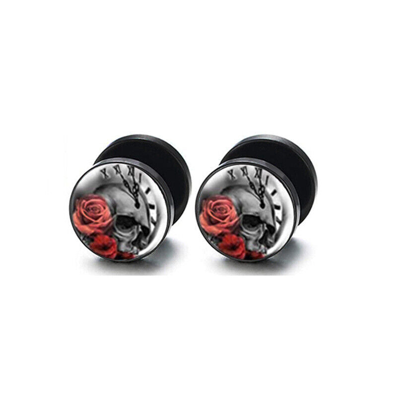 2pc Steel Multi Pattern Black Fake Ear Plug Flesh Tunnel Stud Earring Piercing