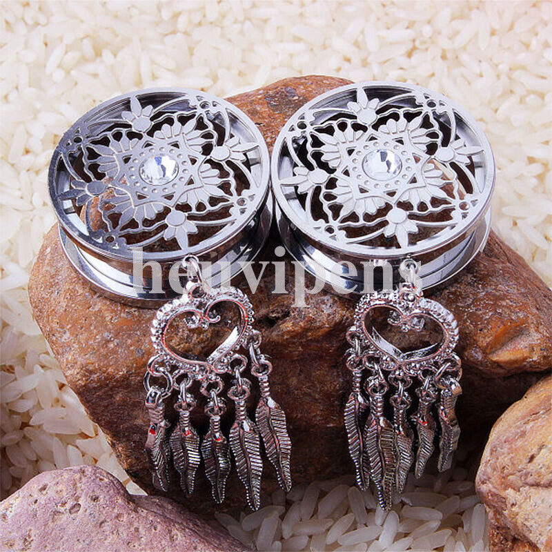 2pc Dreamcatcher Hollow Steel Dangle Screw Saddle Flesh Tunnel Ear Plug Feather